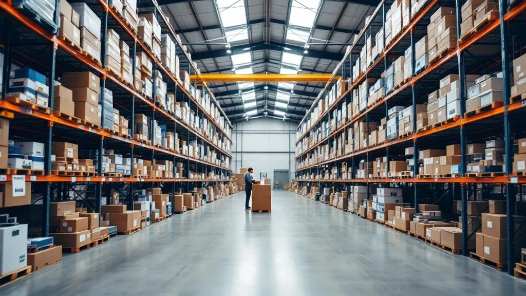 Entrepôt moderne de gestion de stock goodies avec rayonnages organisés et système d'inventaire optimisé