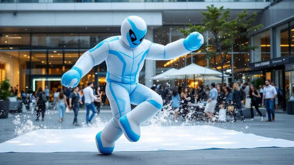 Installation professionnelle de skydancer gonflable publicitaire en mouvement devant commerce