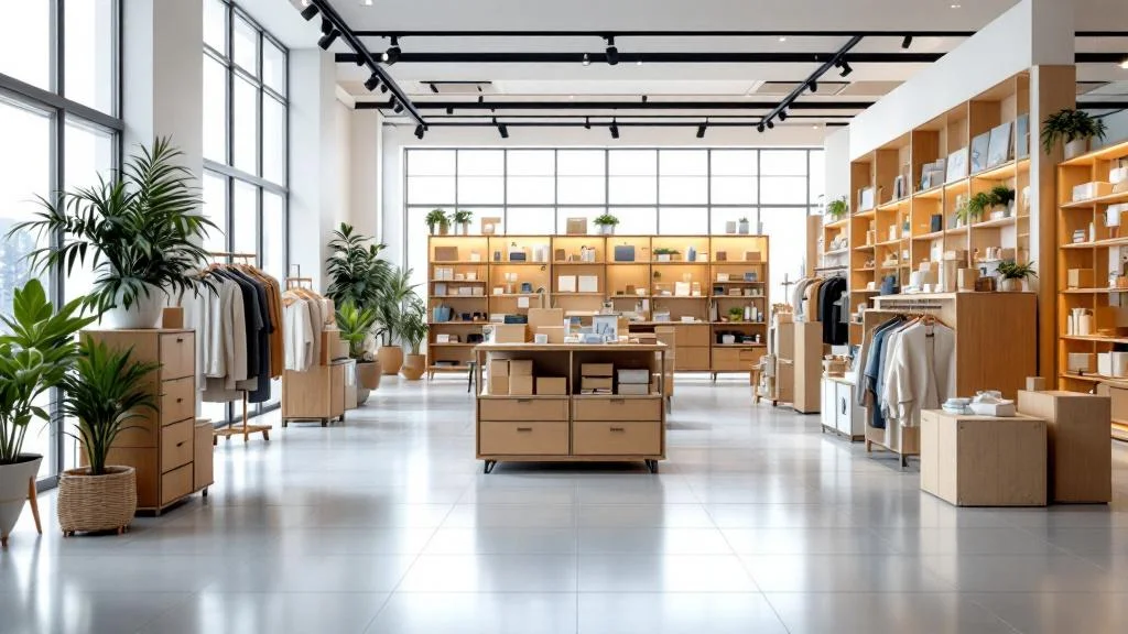 Présentoir sol PLV moderne en magasin pour optimiser la visibilité des produits et augmenter les ventes