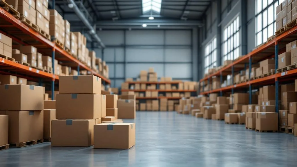 Boîtes carton sur mesure empilées dans un entrepôt logistique moderne et éco-responsable