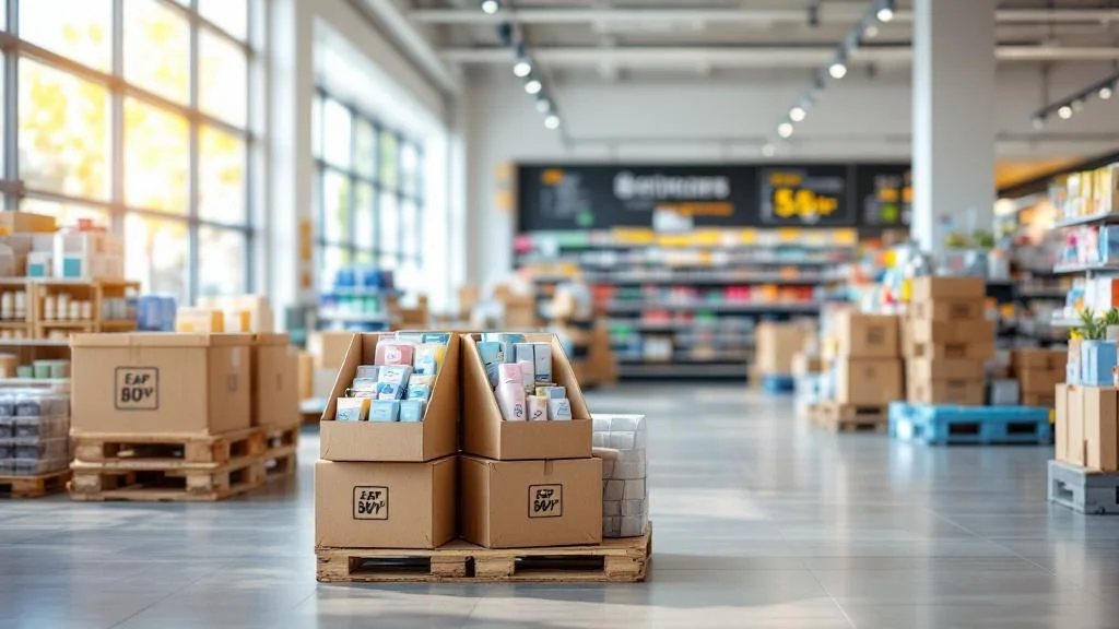 Présentoir palette PLV personnalisé pour merchandising en grande distribution avec design moderne