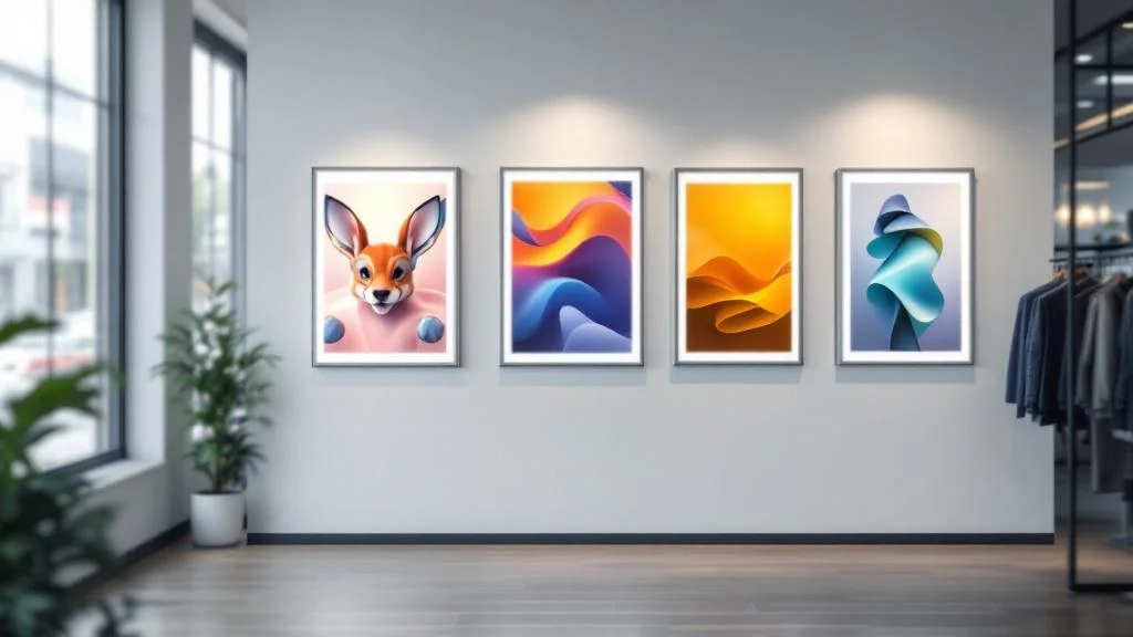 Cadres d'affichage muraux modernes avec éclairage LED dans un espace commercial professionnel