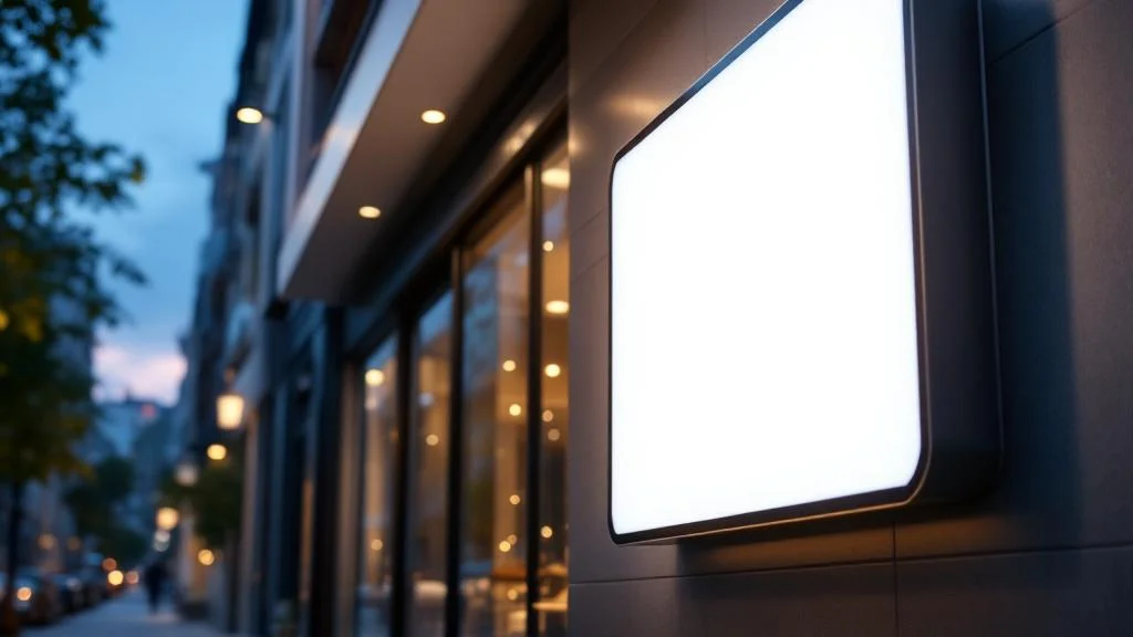 Caisson lumineux LED publicitaire moderne installé sur façade commerciale avec éclairage professionnel