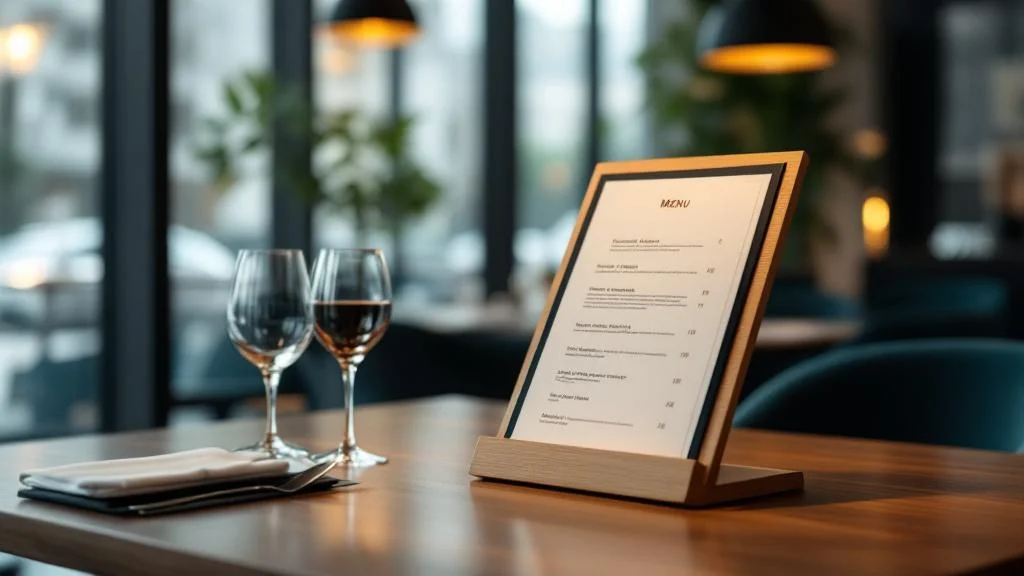 Chevalet de table élégant en bois sur table de restaurant pour optimiser la présentation des menus