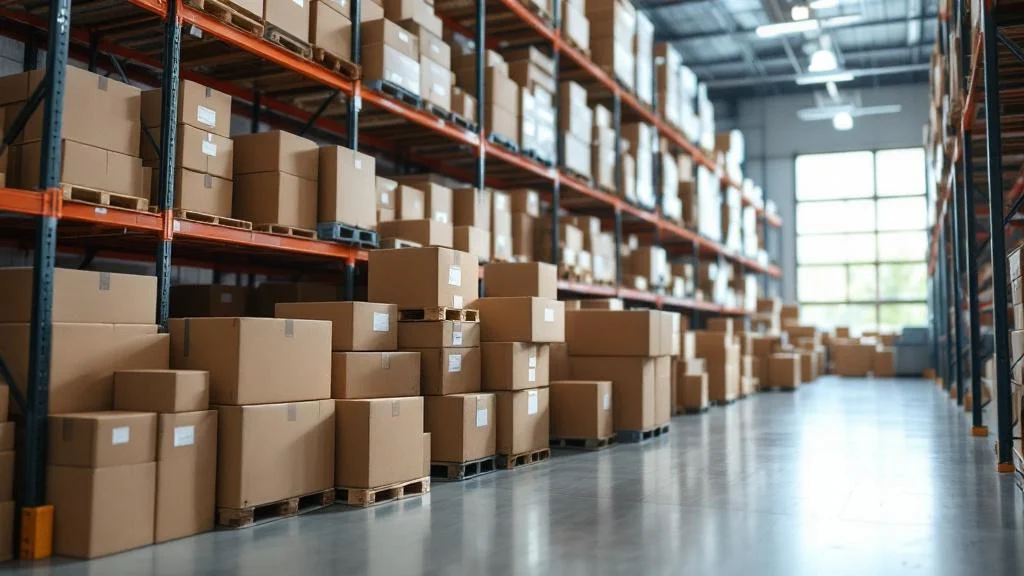 Cartons d'emballage e-commerce empilés dans un entrepôt logistique moderne et organisé