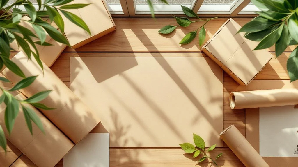 Packaging écologique en carton recyclé et matériaux durables sur bureau moderne avec lumière naturelle