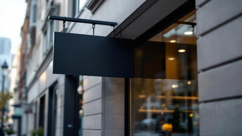 Enseigne drapeau potence double face installée sur façade commerciale pour visibilité optimale