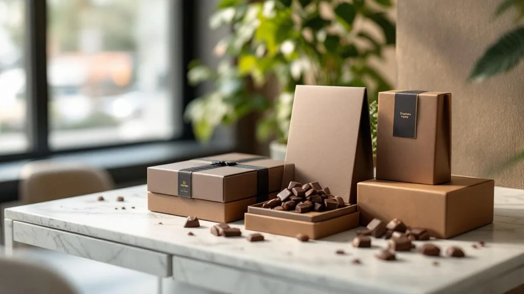 Packaging chocolat artisanal haut de gamme avec matériaux éco-responsables sur table moderne