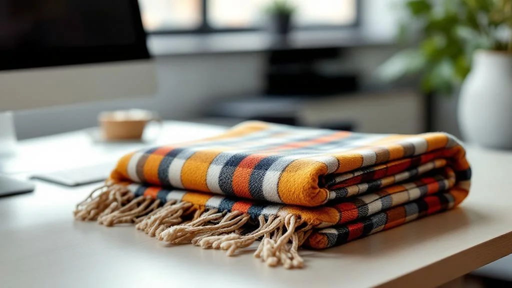 Plaid personnalisé haut de gamme posé sur bureau professionnel pour communication d'entreprise