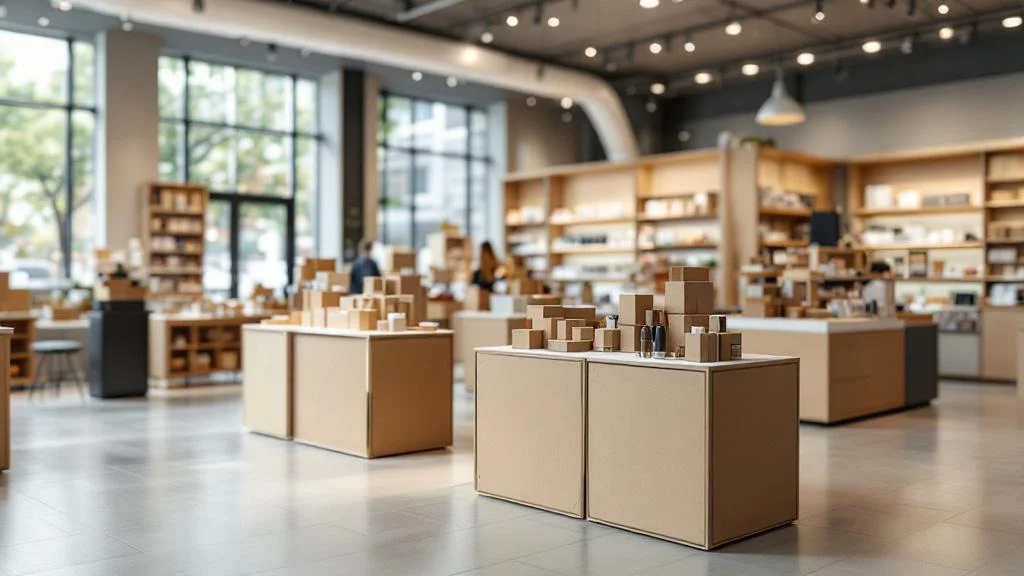 PLV carton personnalisée en magasin avec présentoirs et displays pour théâtralisation produits