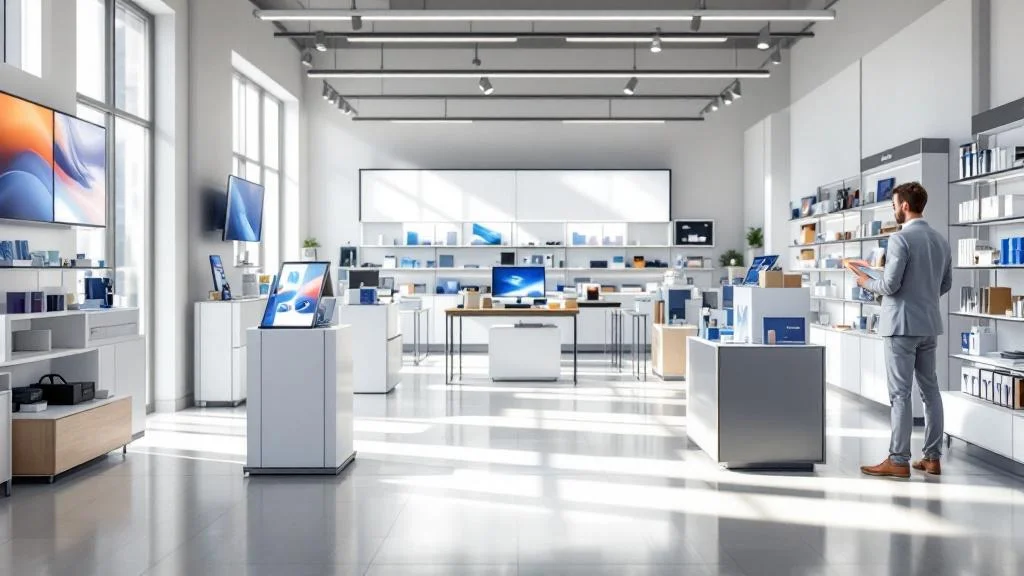 Dispositifs PLV permanents et éphémères dans un espace retail moderne avec éclairage naturel