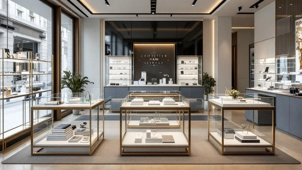 Présentoirs PLV modernes en PMMA et métal pour magasin d'optique et bijouterie