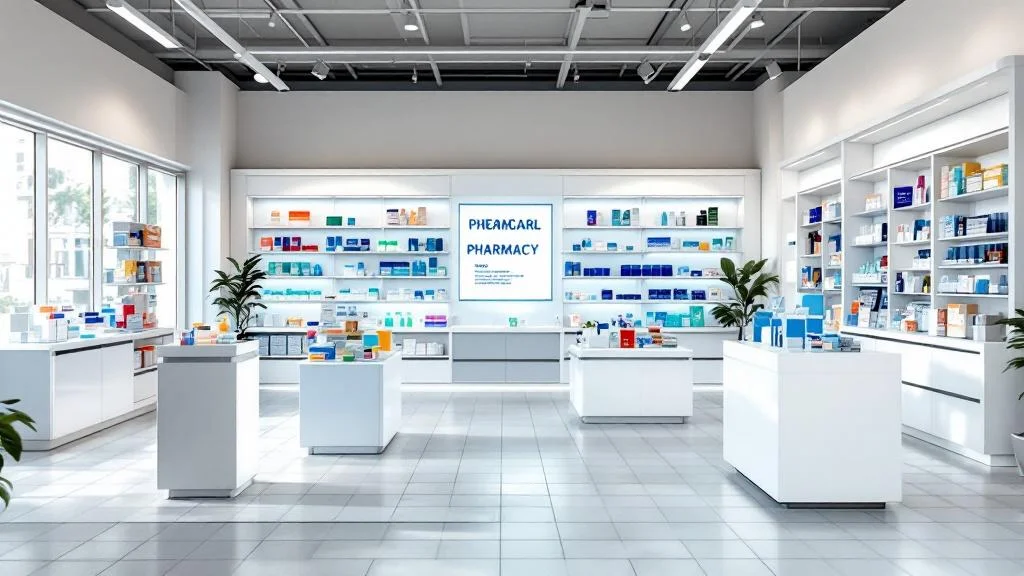 Aménagement moderne de pharmacie avec présentoirs PLV et merchandising professionnel