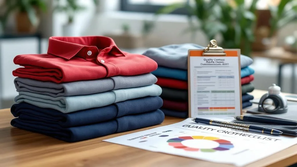 Polos professionnels personnalisés avec échantillons de tissus et techniques de marquage sur bureau