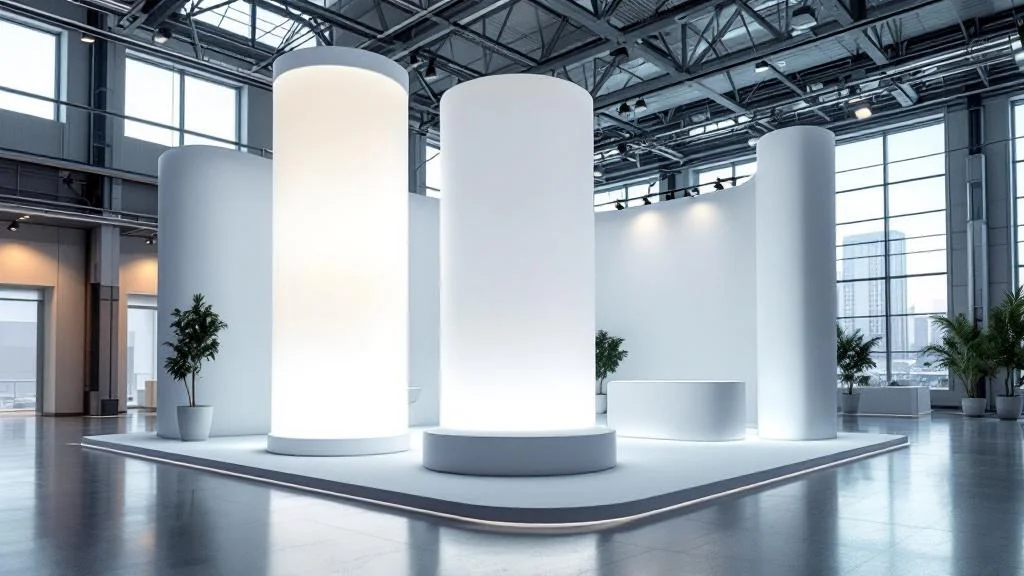 Colonne gonflable publicitaire illuminée sur stand professionnel lors d'un salon