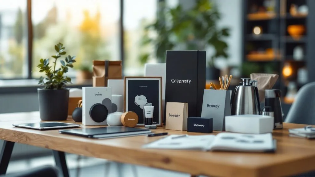 Objets publicitaires personnalisés disposés sur un bureau professionnel pour campagne marketing 2026