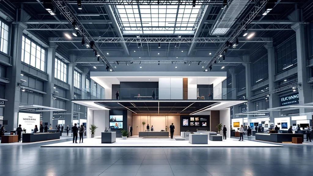 Stand double étage moderne pour salon professionnel avec structure à deux niveaux et espace d'exposition optimisé