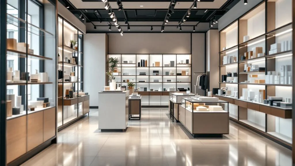 Agencement merchandising visuel moderne en magasin avec éclairage stratégique et organisation optimisée