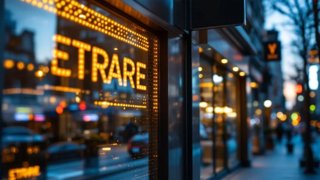 Enseigne lumineuse LED moderne sur façade commerciale illuminée en soirée pour entreprise