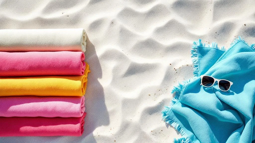 Serviettes de plage personnalisées colorées pliées sur sable blanc - Communication visuelle textile