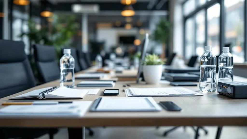 Supports de communication interne pour entreprise : carnets, goodies et outils digitaux sur bureau moderne