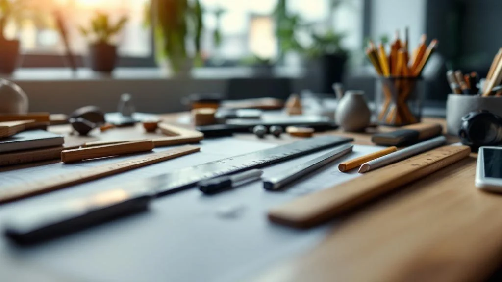 Règles publicitaires personnalisées en bois et aluminium sur bureau professionnel moderne