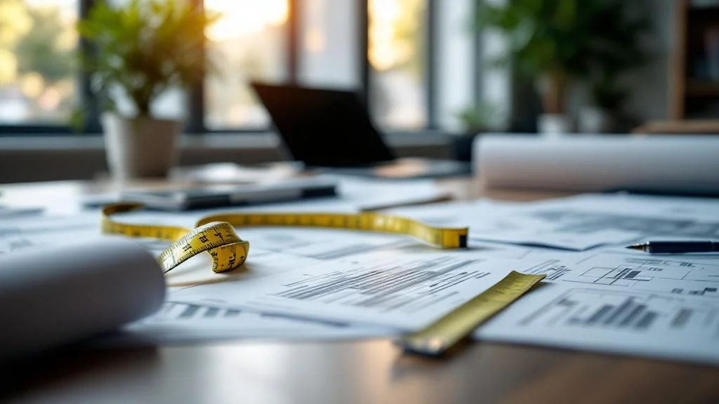 Bureau professionnel immobilier avec documents réglementaires et plans pour panneaux publicitaires