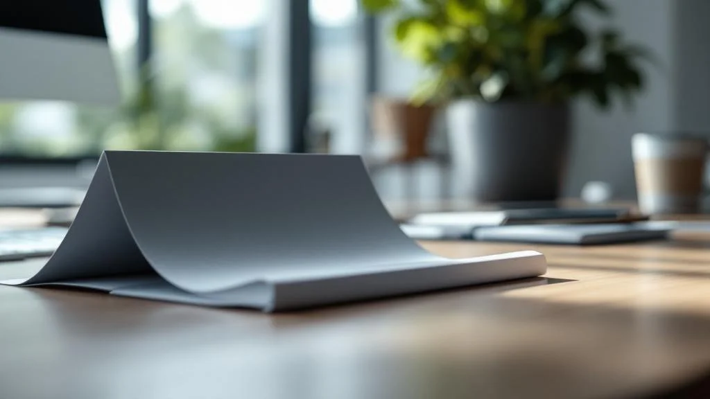 Dépliant 3 volets professionnel sur bureau moderne avec mise en page soignée et design contemporain