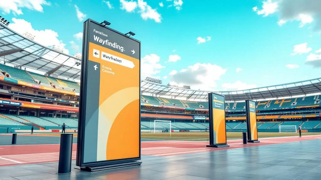 Signalétique professionnelle pour événement sportif avec panneaux directionnels et supports publicitaires