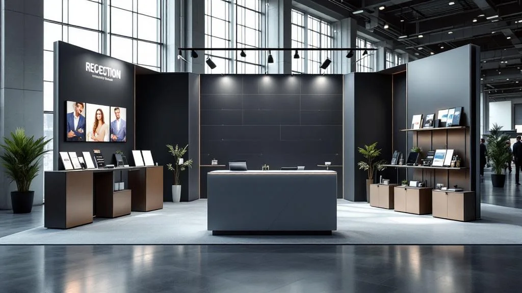 Stand d'exposition professionnel avec comptoir d'accueil moderne pour salon commercial