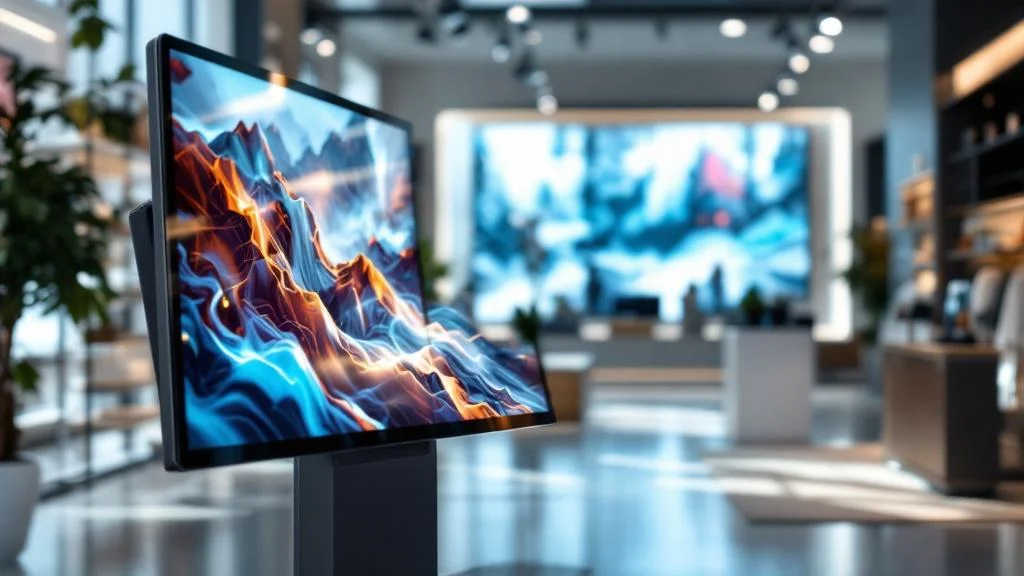 Écran digital interactif 4K en magasin pour PLV digitale moderne et engagement client