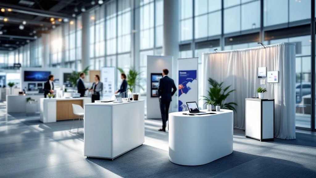 Stand professionnel équipé pour salon avec roll-ups et matériel promotionnel organisé