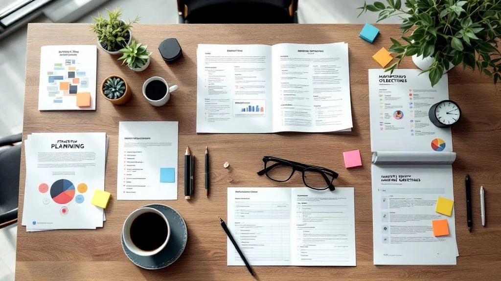 Bureau professionnel avec documents de brief communication et planification stratégique de marque