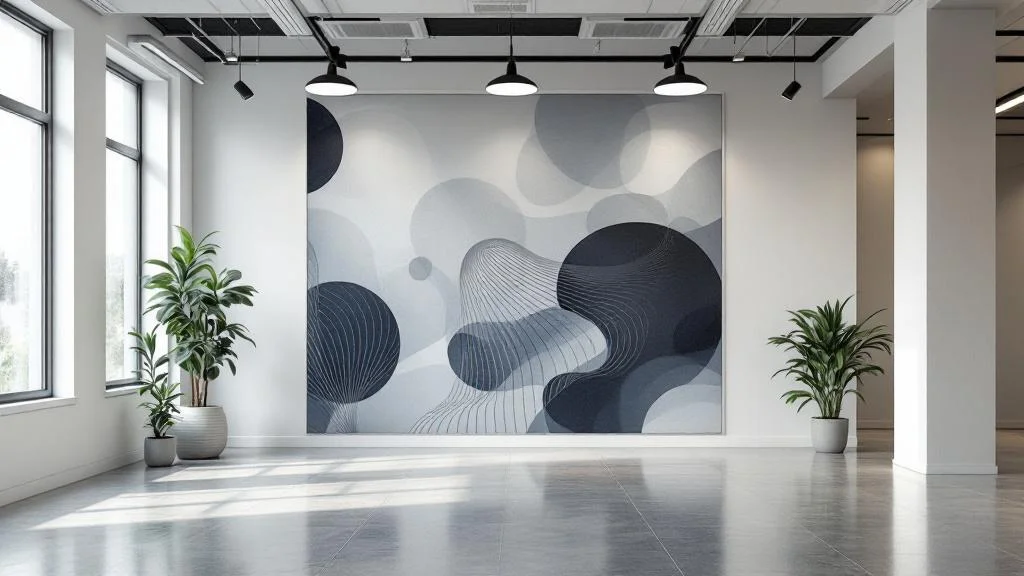 Fresque murale imprimée haute résolution sur support intissé dans un espace professionnel moderne
