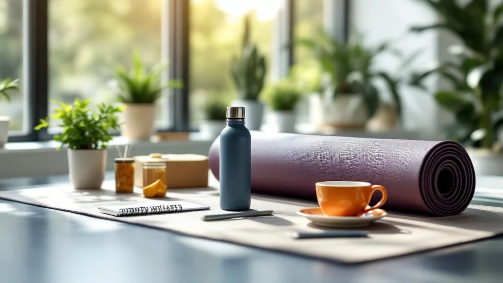 Espace de travail moderne avec accessoires bien-être : gourde, tapis yoga et objets ergonomiques