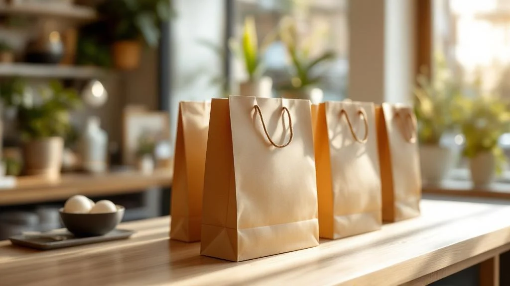 Sacs papier kraft personnalisés sur comptoir de boutique avec emballages durables et éco-responsables