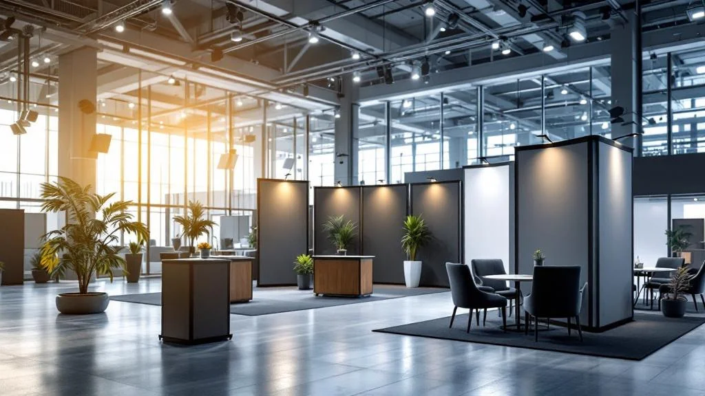 Stand d'exposition moderne avec kakémonos et éclairage professionnel pour salon B2B