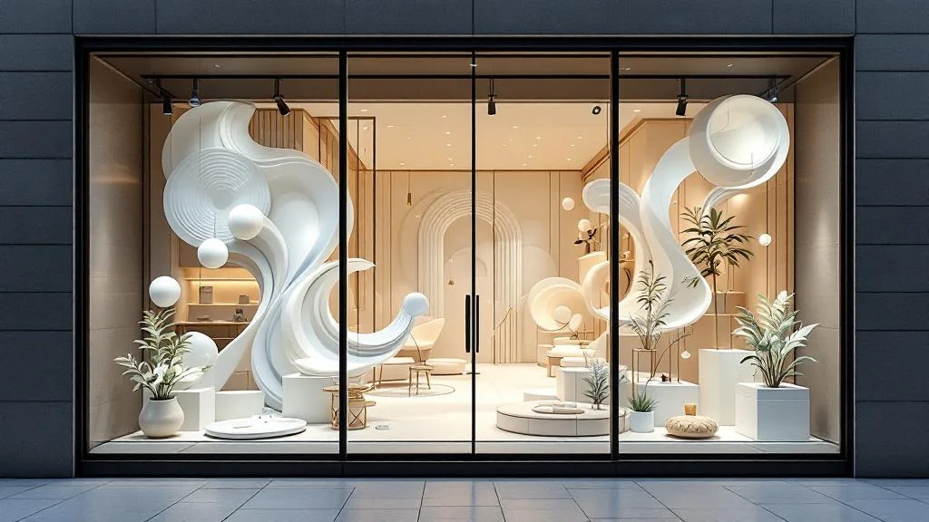 Vitrine commerciale moderne avec scénographie animée et éléments 3D pour attirer les clients