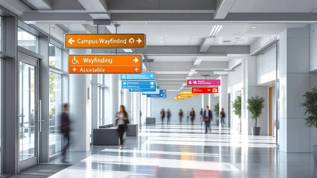 Système de signalétique directionnelle moderne pour campus universitaire avec normes d'accessibilité PMR