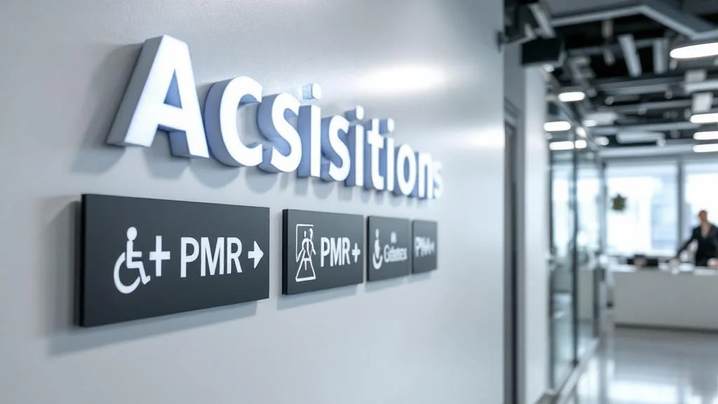 Signalétique murale professionnelle avec lettrage 3D et panneaux directionnels dans un environnement d'entreprise