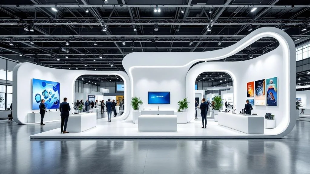 Stand d'exposition professionnel avec aménagement ouvert et mobilier événementiel moderne pour salon
