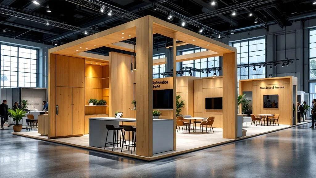 Stand modulaire en bois éco-conçu pour salon professionnel avec montage rapide et logistique simplifiée
