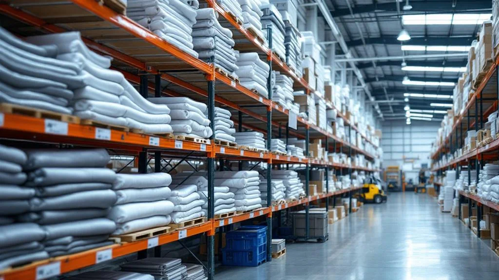 Entrepôt professionnel de stockage de structures gonflables avec rayonnages organisés et matériel PVC