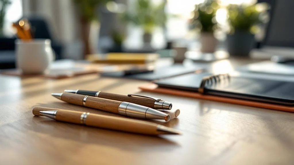 Stylos publicitaires en métal et bambou sur bureau professionnel pour communication d'entreprise