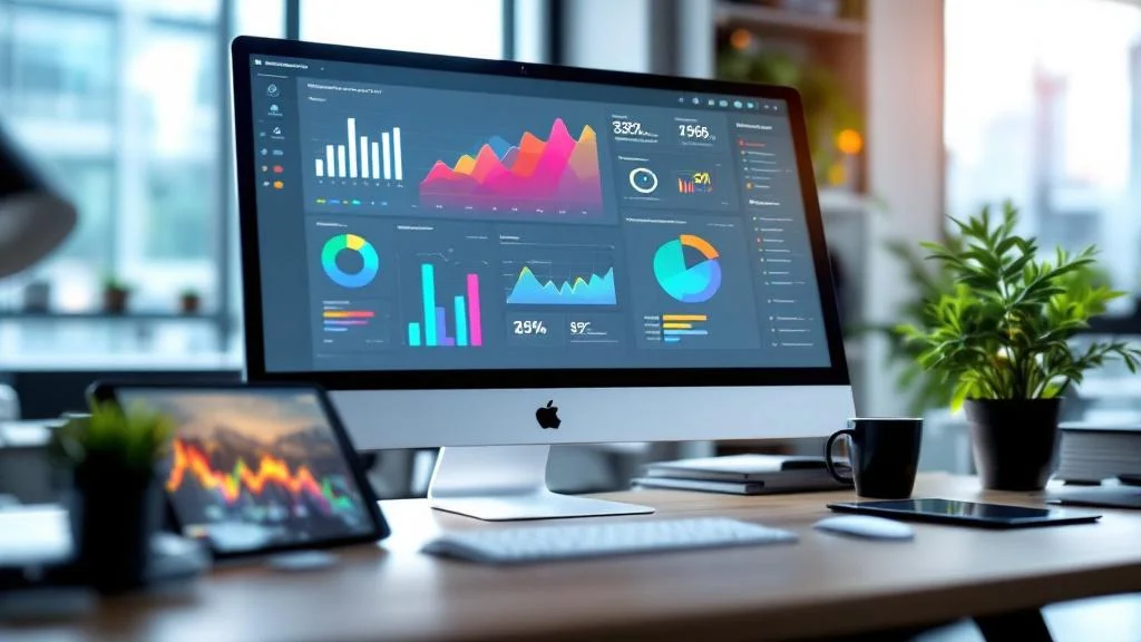 Espace de travail professionnel avec tableaux de bord analytiques pour optimiser le ROI en communication visuelle