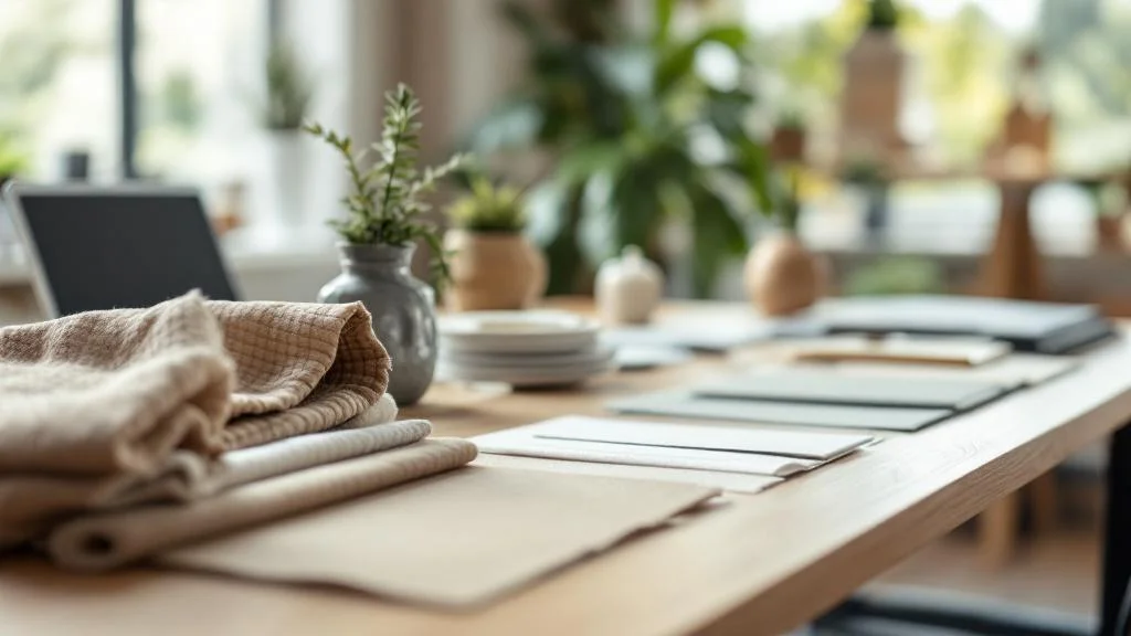 Échantillons de textiles publicitaires recyclés RPET et coton bio sur bureau professionnel