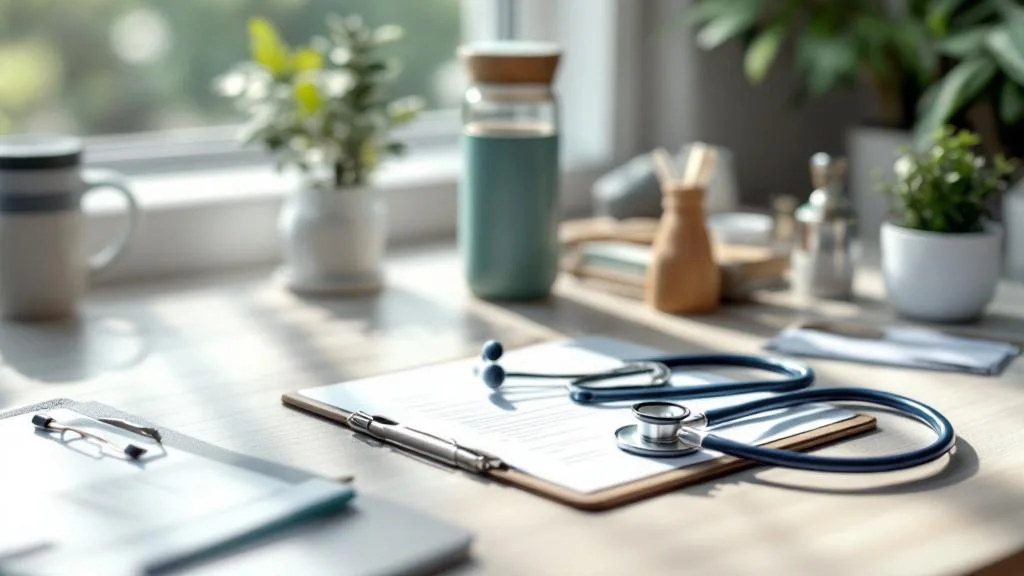 Bureau médical moderne avec fournitures de santé et objets publicitaires écologiques pour professionnels