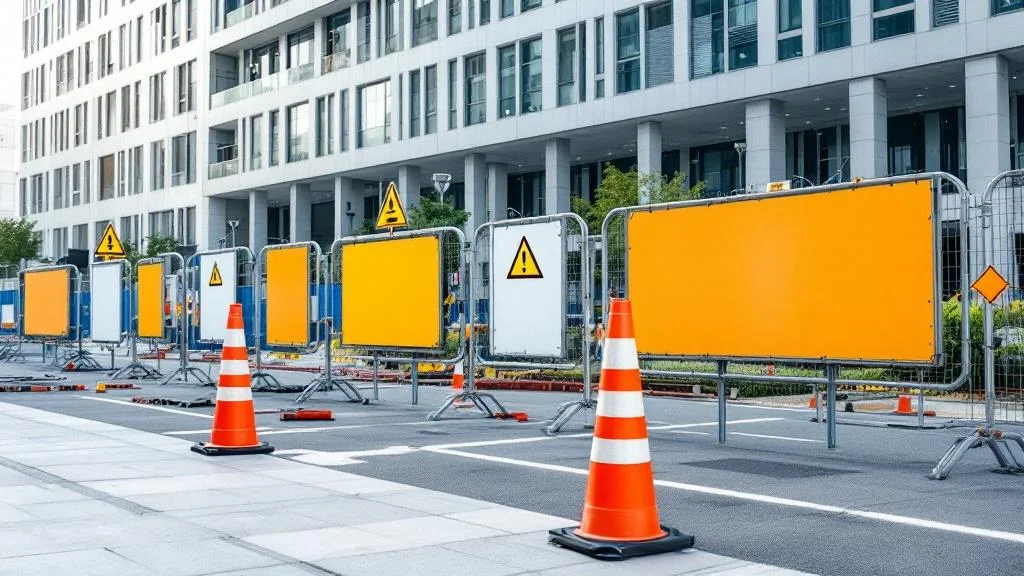 Panneaux de signalétique de chantier professionnels installés sur barrières de sécurité