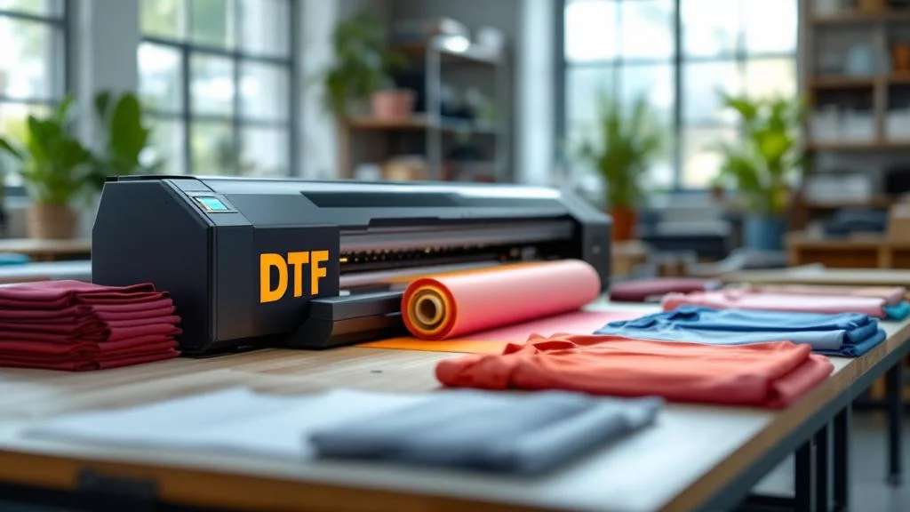 Atelier d'impression DTF textile professionnel avec machine et tissus imprimés de qualité