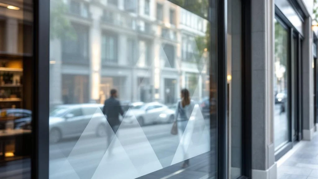 Vitrophanie professionnelle sur vitrine de magasin avec adhésifs décoratifs et informatifs